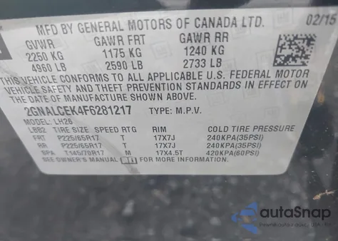 2015 Chevrolet Equinox 2Lt z USA, uszkodzony, nr VIN 2GNALCEK4F6281217